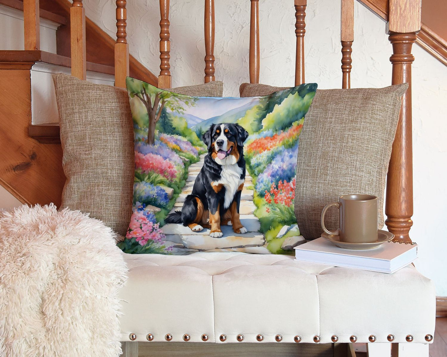 Bernese Mountain Dog Spring Path Throw Pillow Machine Washable, Indoor Outdoor Decorative Pillow for Couch, Bed or Patio, 14Hx14W