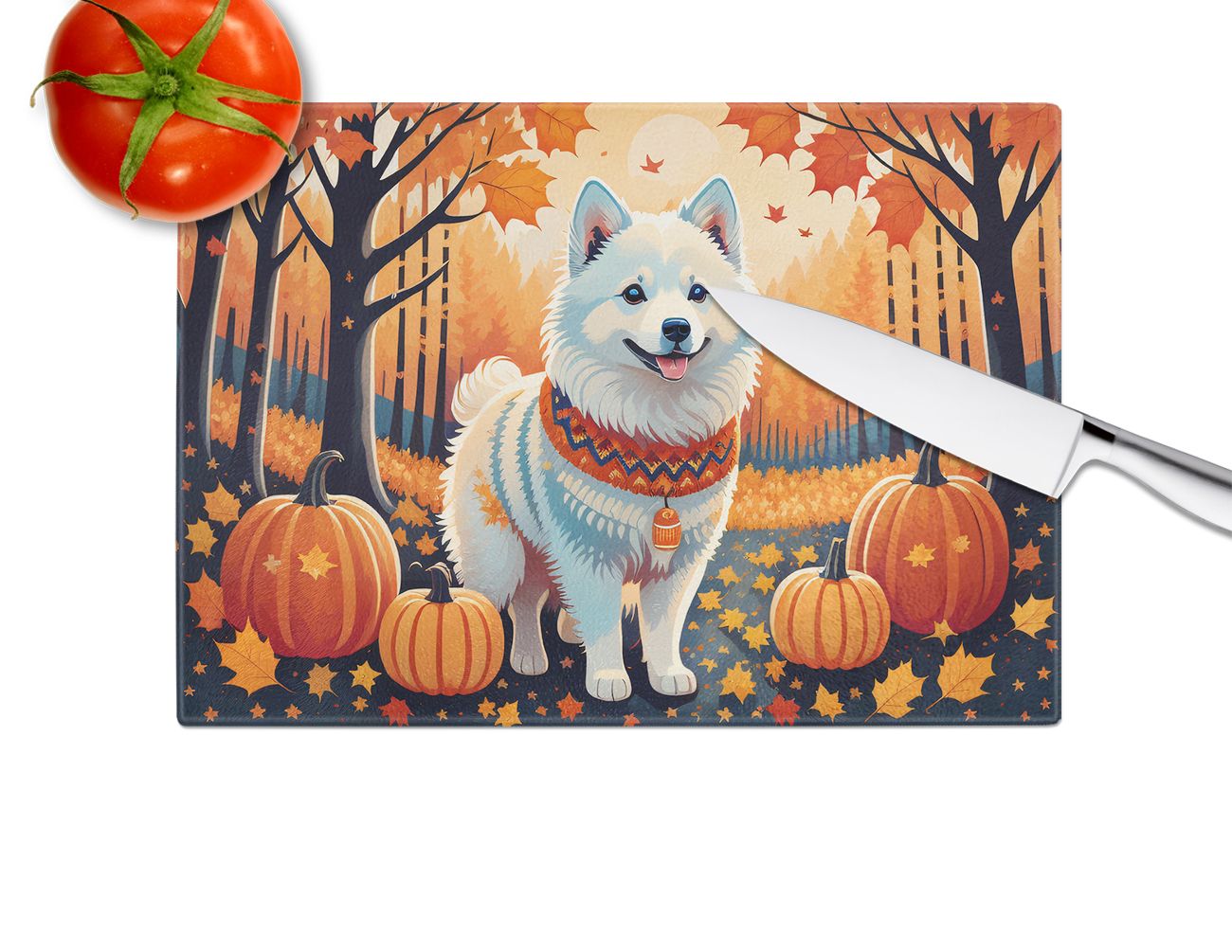 NEW American Eskimo Fall Glass Cutting Board Decorative Tempered Glass Kitchen Cutting and Serving Board Large Size Chopping Board