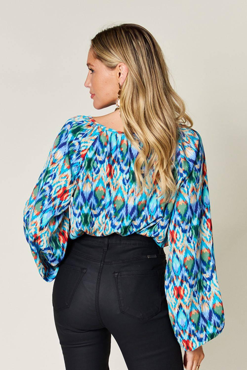 Double Take Full Size Printed Balloon Sleeve Blouse - Clothes For Her Online Store