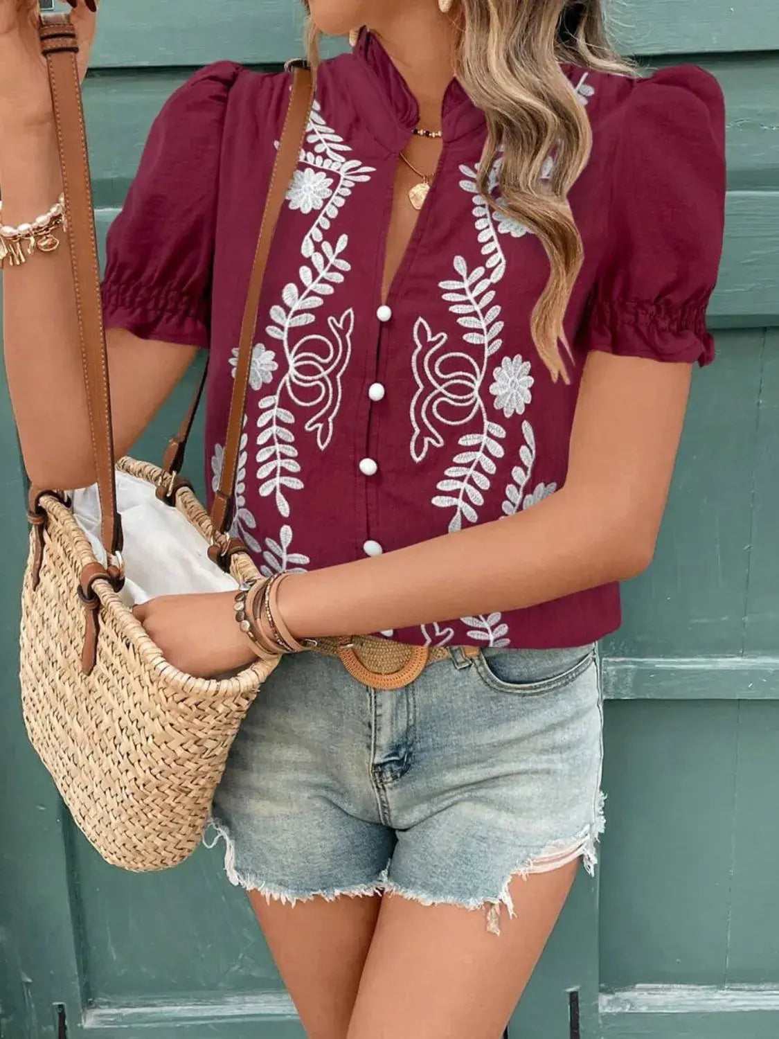 Embroidered Frill Notched Short Sleeve Blouse