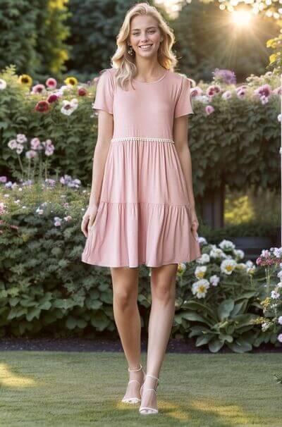 Heimish Full Size Solid Mini Tiered Dress with Pompom Lace Plus Size - Clothes For Her Online Store