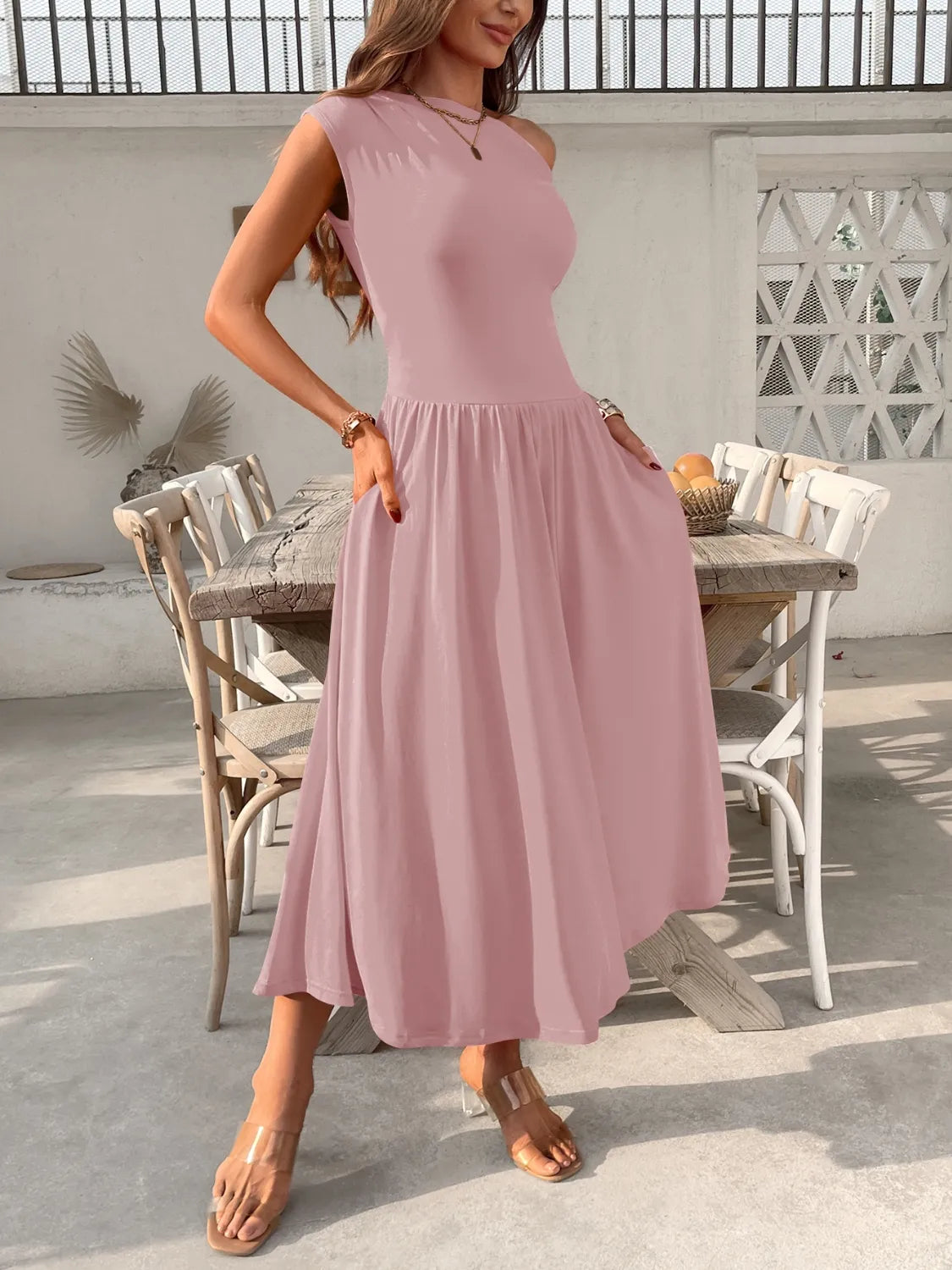 Single Shoulder Dress with Pockets