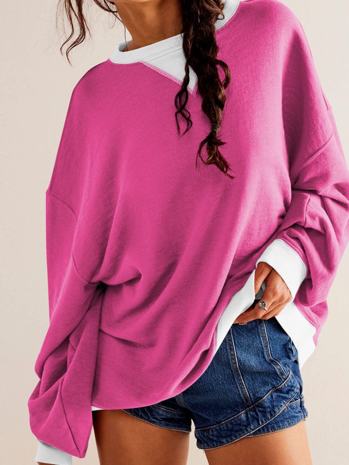 Mandy Contrast Trim Round Neck Long Sleeve Sweatshirt - Clothes For Her Online Store