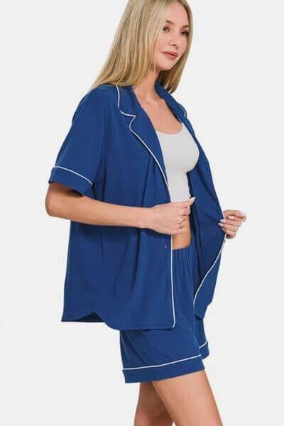 Zenana Button Down Short Sleeve Top and Shorts Lounge Set - Clothes For Her Online Store