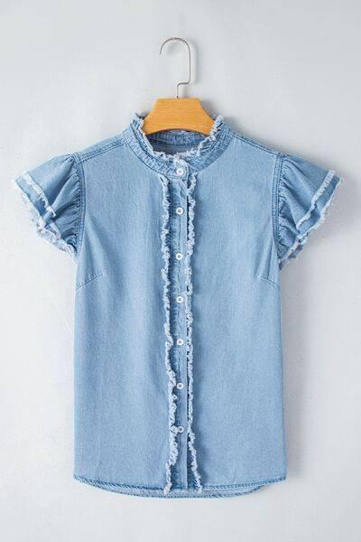Button Down Raw Hem Ruffled Denim Shirt - Clothes For Her Online Store