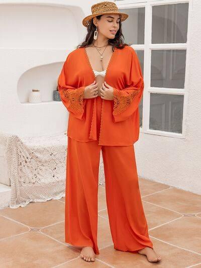 Plus Size Lace Detail Long Sleeve Top and Pants Set - Clothes For Her Online Store