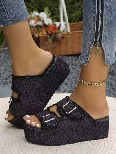 Raw Hem Wedge Buckle Sandals - Clothes For Her Online Store