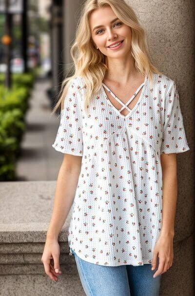 Heimish Full Size Crisscross Ditsy Floral Babydoll Top Plus Size - Clothes For Her Online Store