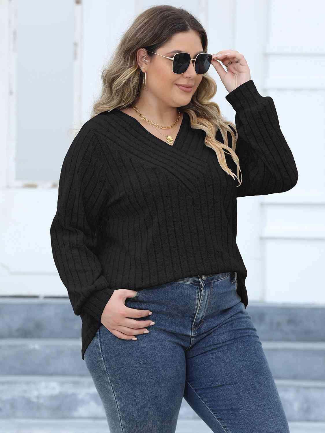 Plus Size Ribbed V-Neck Long Sleeve Top - Clothes For Her Online Store