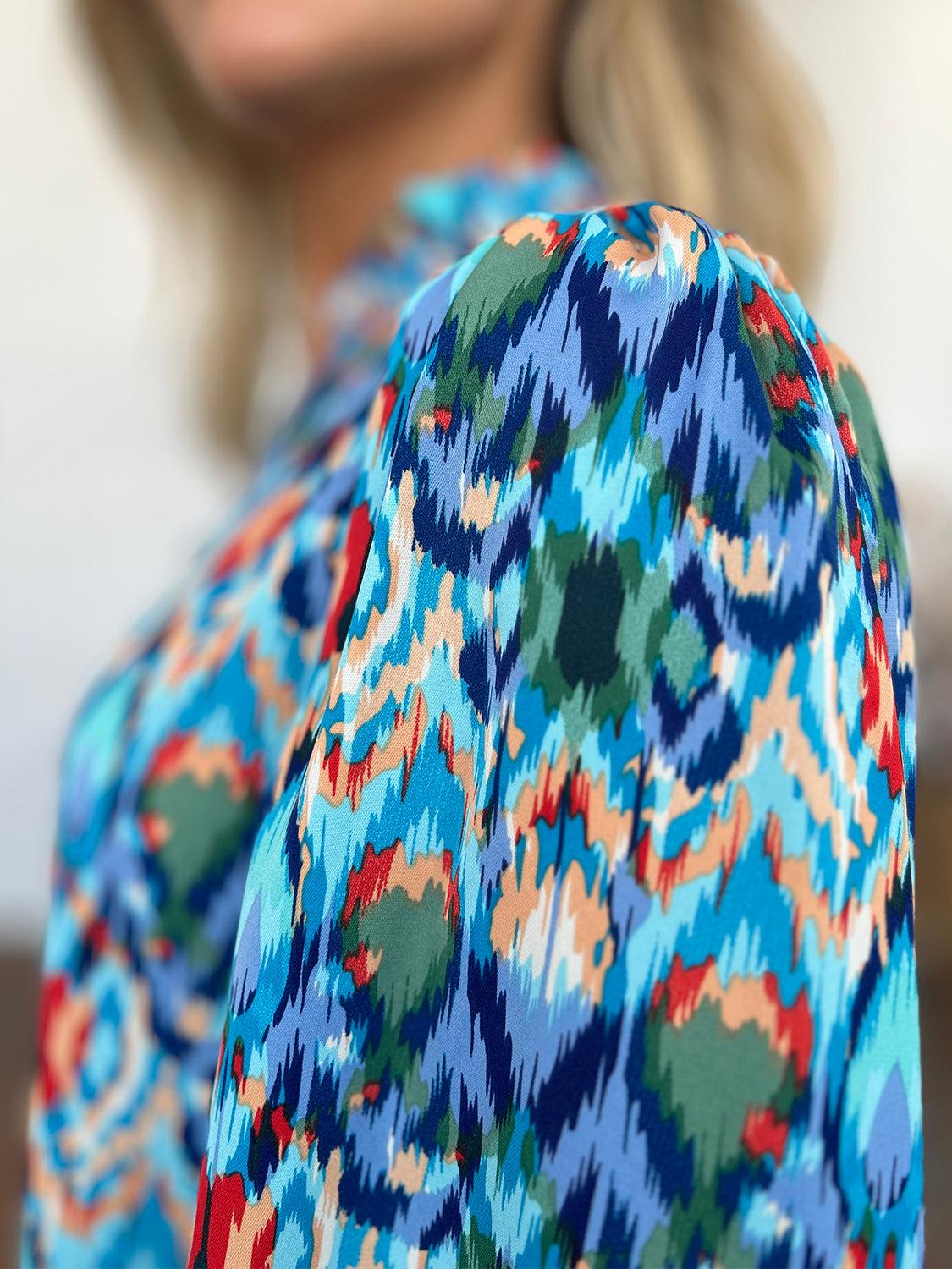 Double Take Full Size Printed Balloon Sleeve Blouse - Clothes For Her Online Store