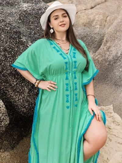 Plus Size Tied Fringe V-Neck Half Sleeve Dress - Clothes For Her Online Store
