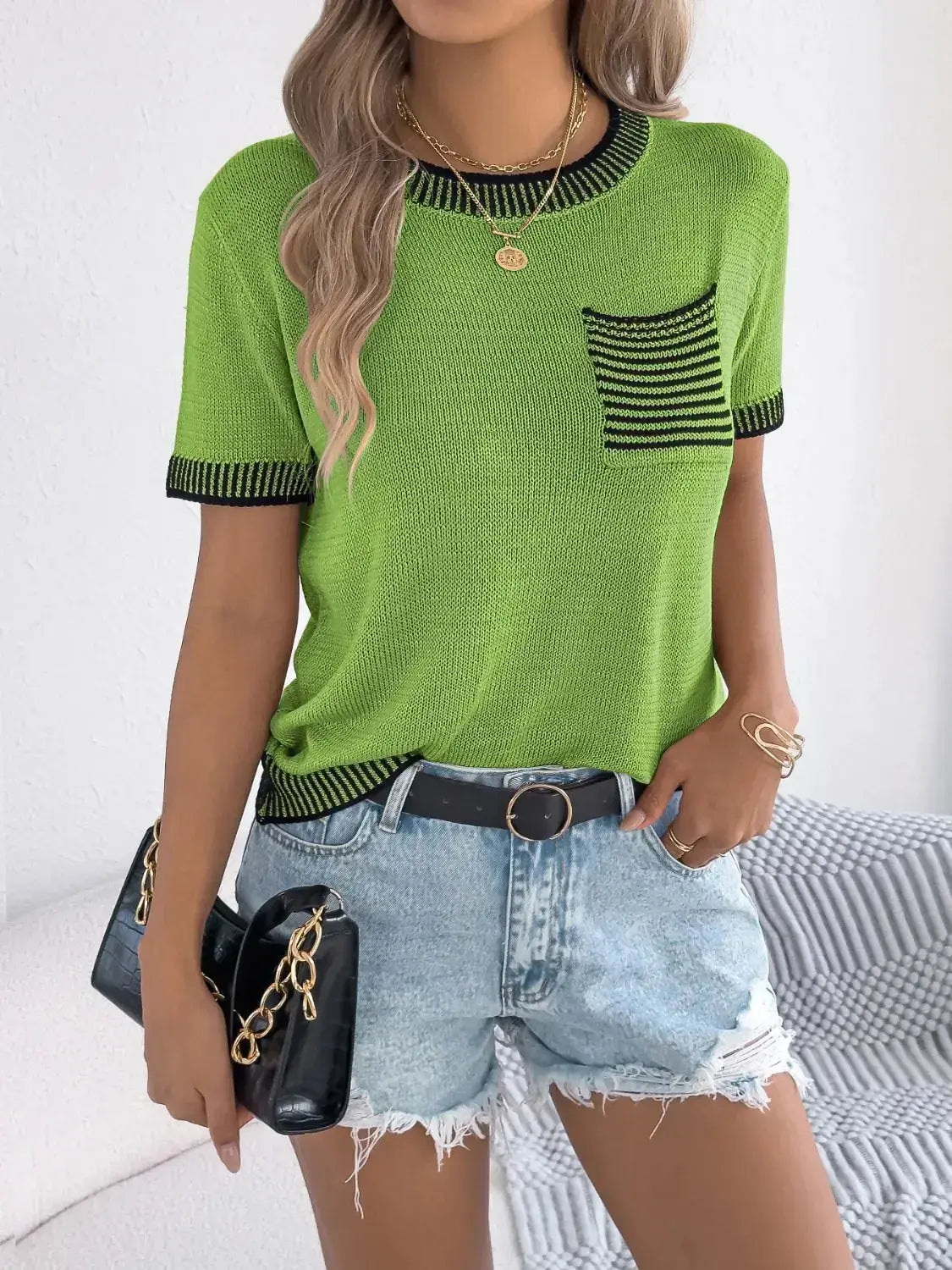 Round Neck Short Sleeve Knit Top - Clothes For Her Online Store