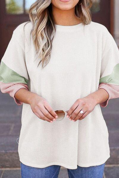 Color Block Ribbed Knit Three-Quarter Sleeve Top - Clothes For Her Online Store