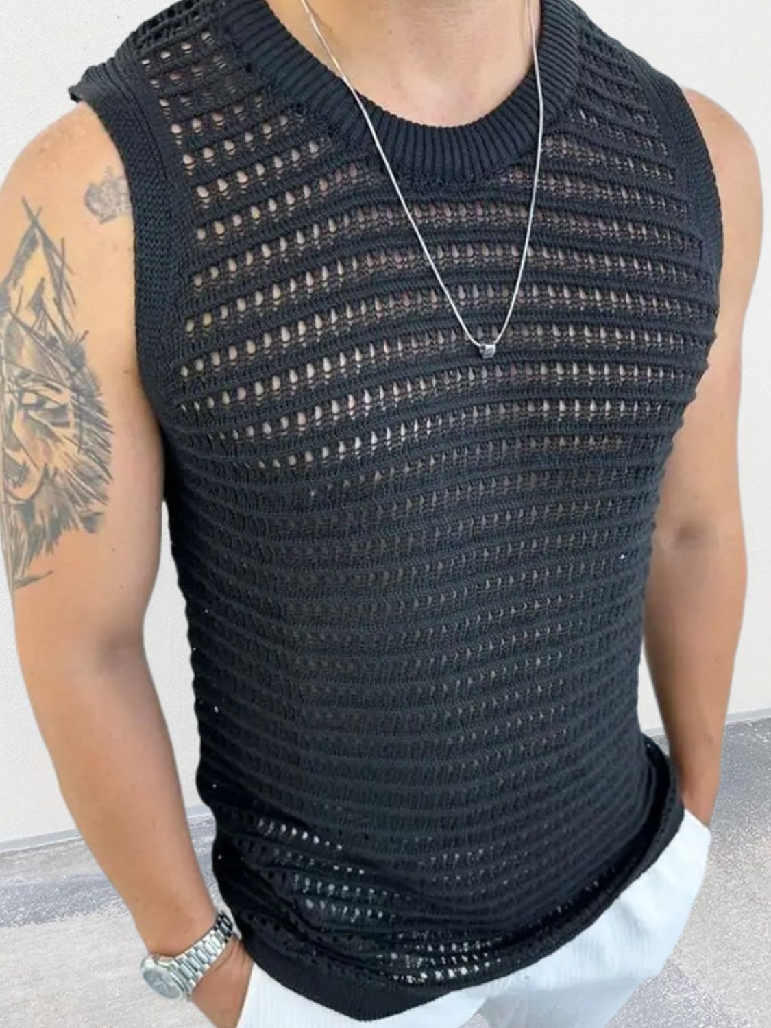 Men's Round Neck Hollow Out Sleeveless Knit Top - Clothes For Her Online Store