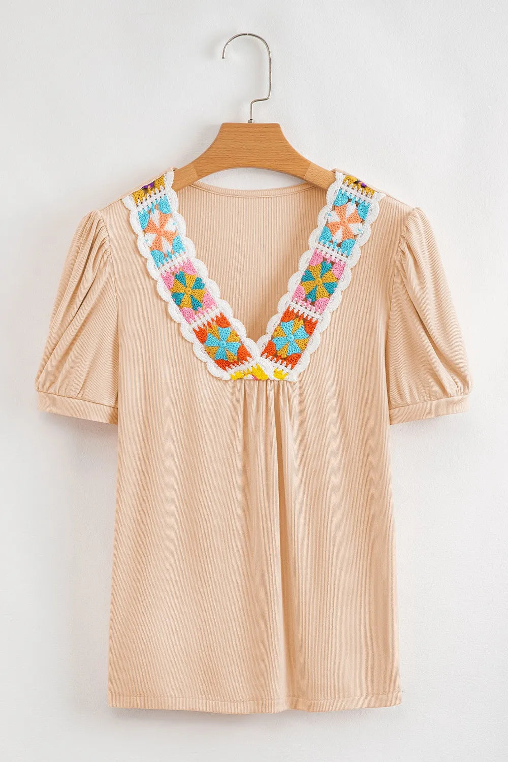Floral Crochet V Neck Short Sleeve Blouse