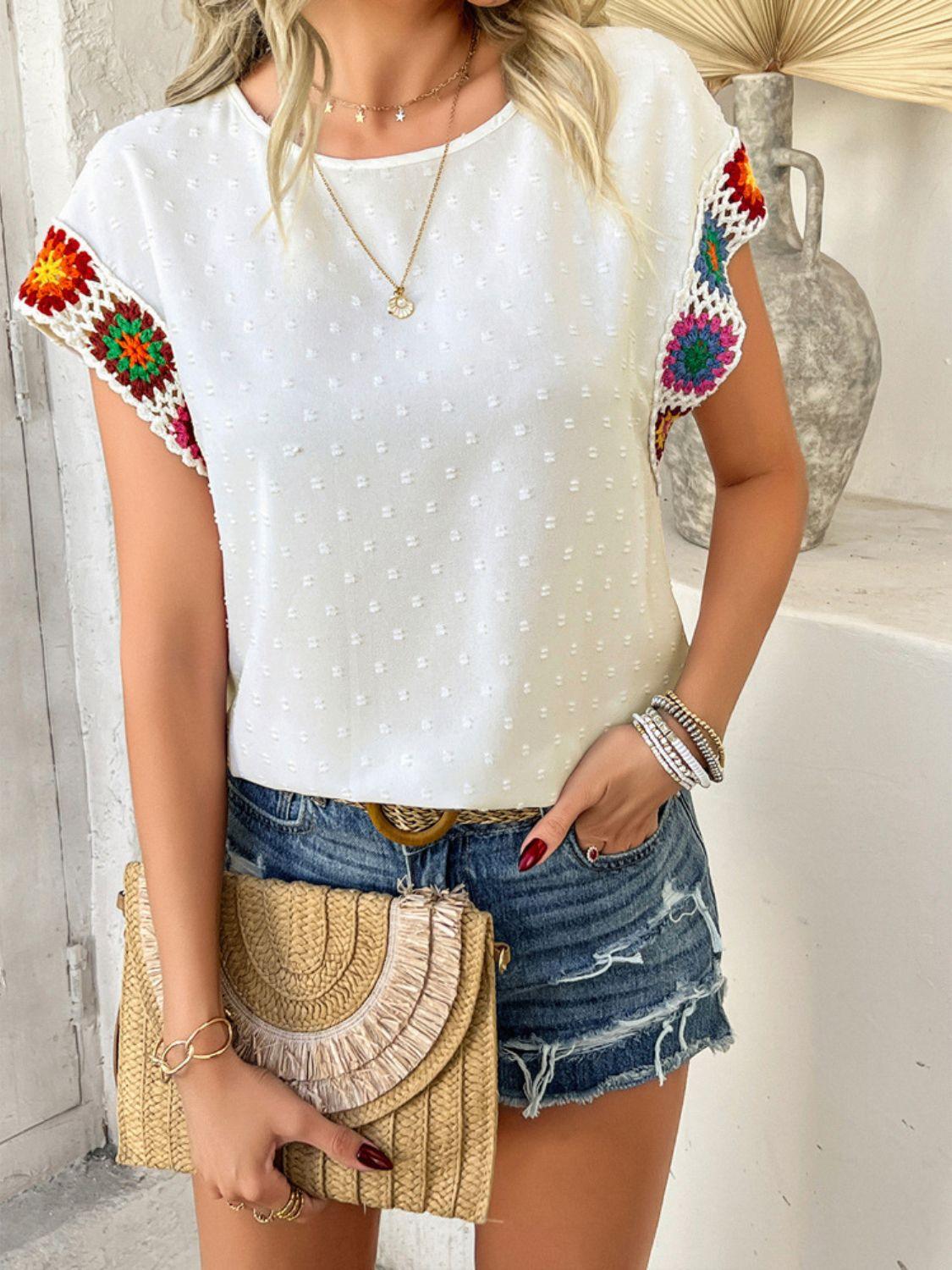 Devine Swiss Dot Round Neck Crochet Short Sleeve Top - Clothes For Her Online Store