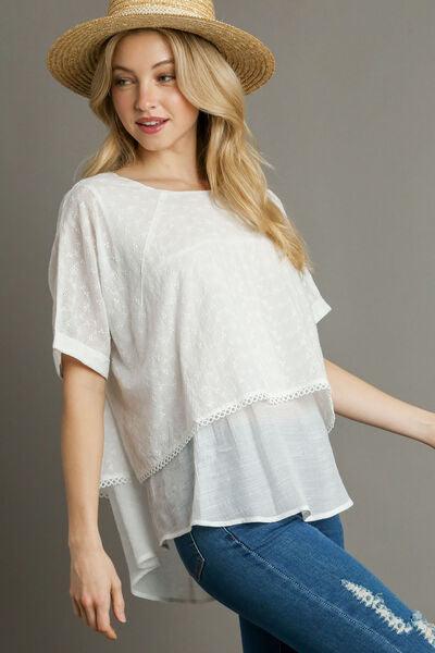 Umgee Full Size Eyelet Layered Short Sleeve Blouse Plus Size - Clothes For Her Online Store