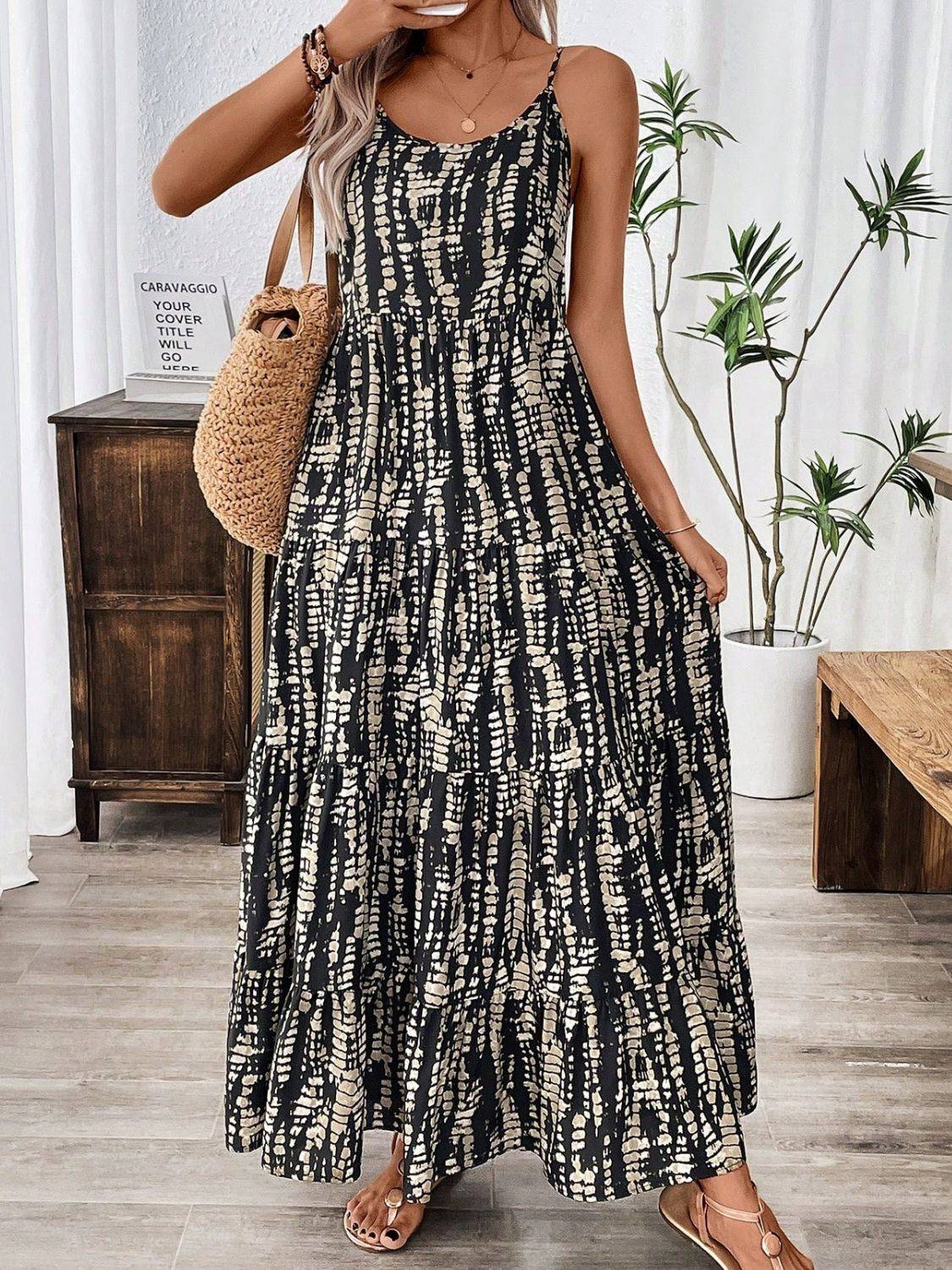 Printed Scoop Neck Maxi Cami Dress - Clothes For Her Online Store