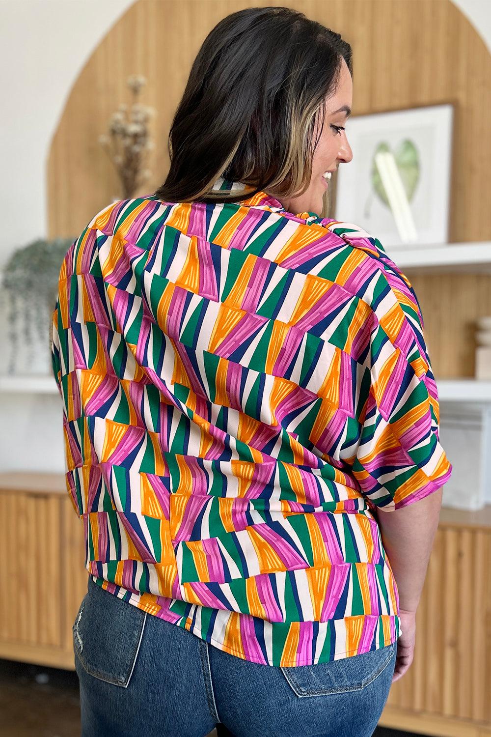 Double Take Full Size Geometric Notched Dolman Sleeve Top - Clothes For Her Online Store