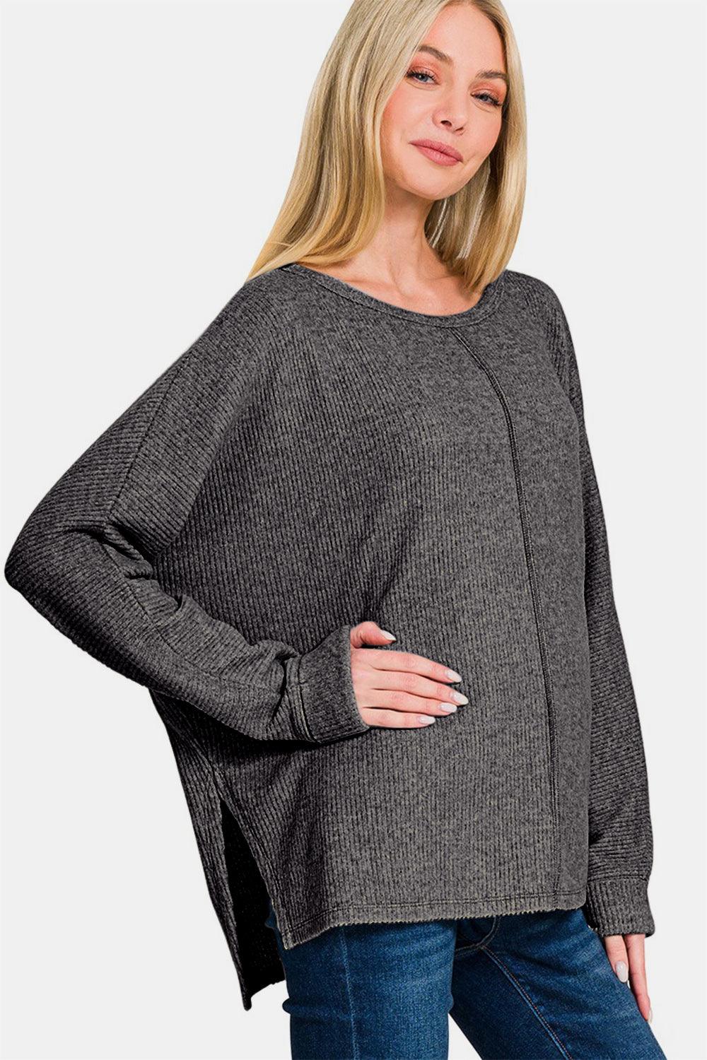 Zenana High-Low Side Slit Round Neck T-Shirt - Clothes For Her Online Store