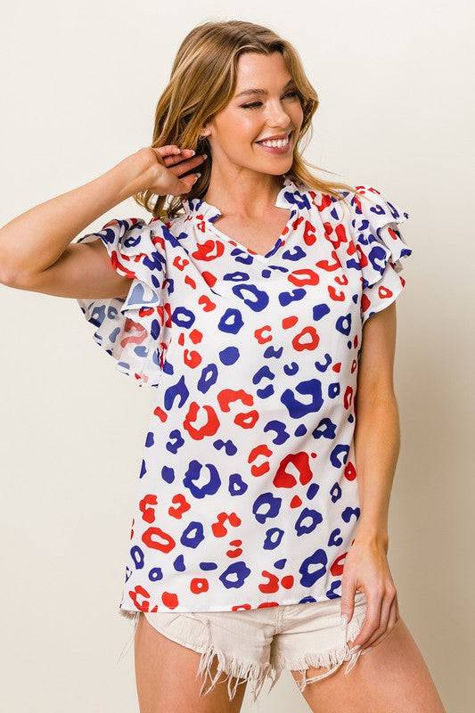 BiBi Leopard Notched Ruffled Cap Sleeve Blouse - Clothes For Her Online Store