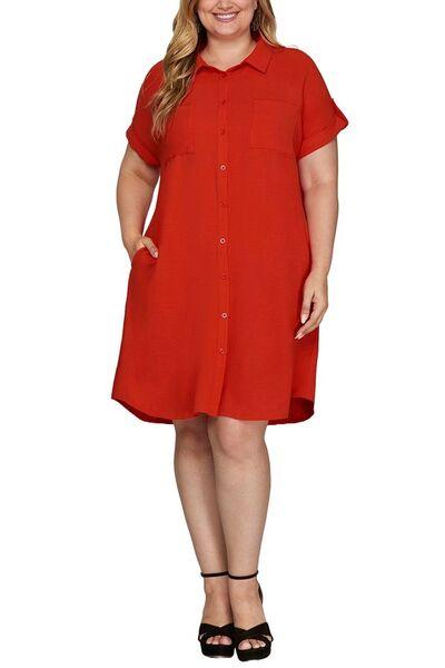 She + Sky Full Size Button Down Short Sleeve Woven Shirt Dress Plus Size - Clothes For Her Online Store
