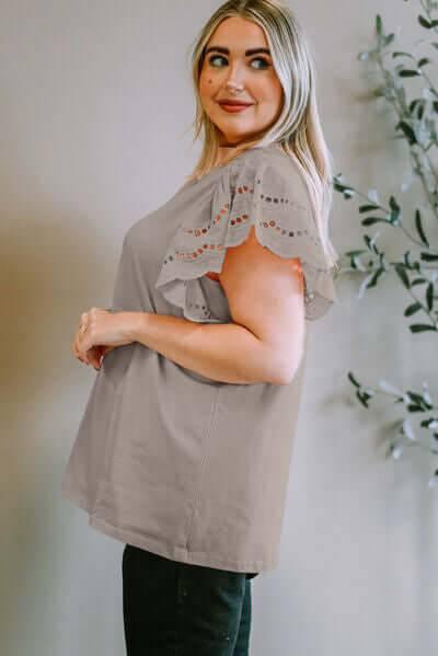 Plus Size Eyelet Round Neck Short Sleeve Blouse - Clothes For Her Online Store