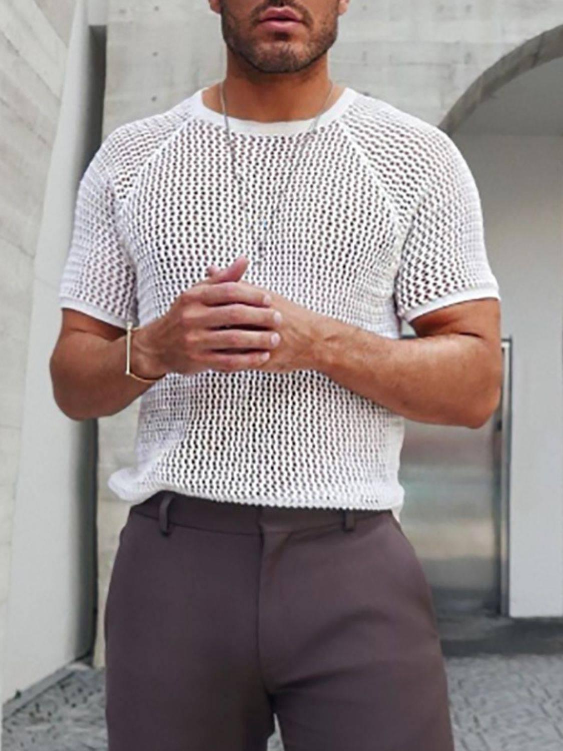 Men's Openwork Round Neck Short Sleeve T-Shirt - Clothes For Her Online Store