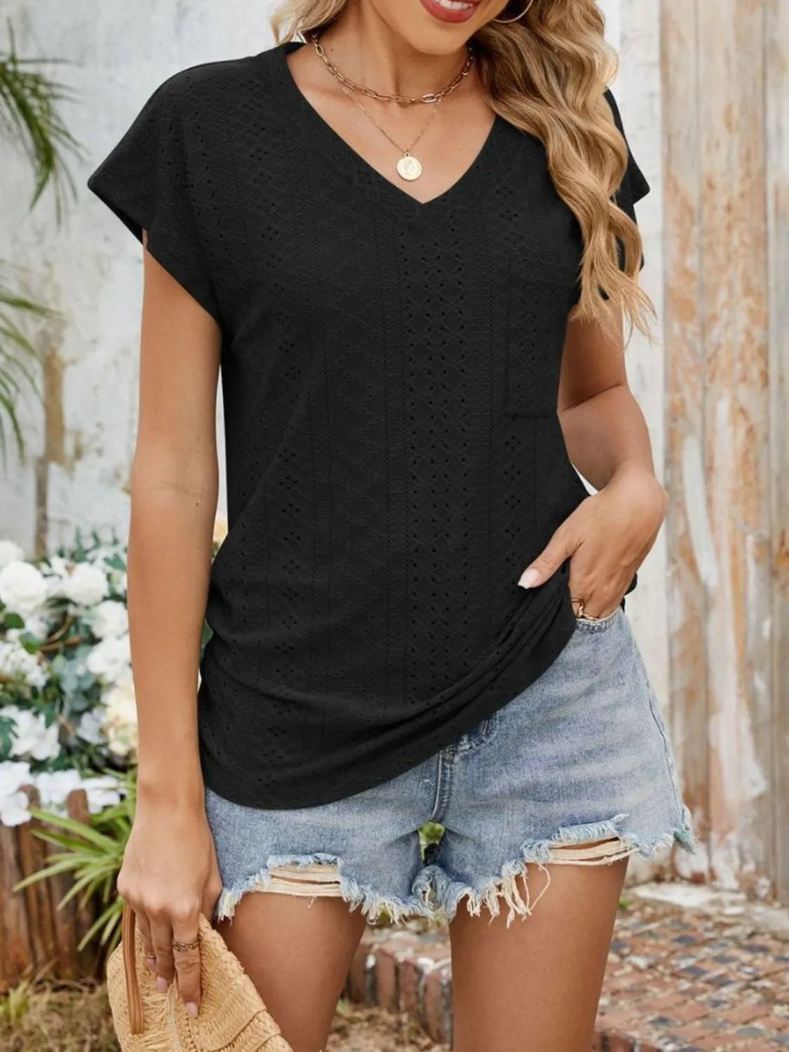Eyelet V-Neck Short Sleeve Top - Clothes For Her Online Store
