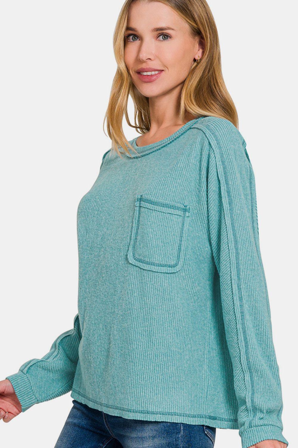 Zenana Full Size Contrast Stitching Brushed Ribbed Hacci Knit Top Plu Size - Clothes For Her Online Store