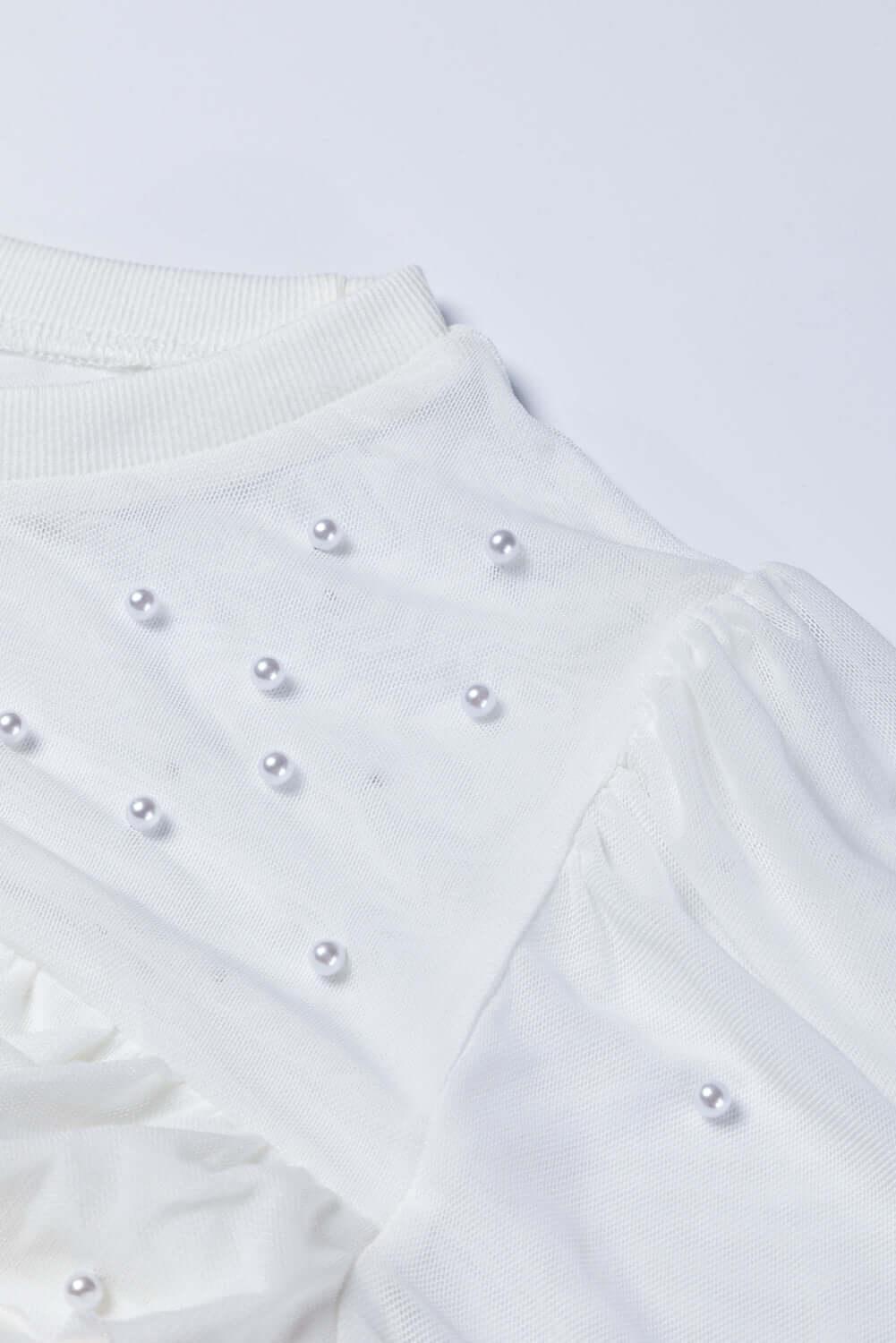 Pearl Decor Mesh Patchwork Ribbed Long Sleeve Top - Clothes For Her Online Store