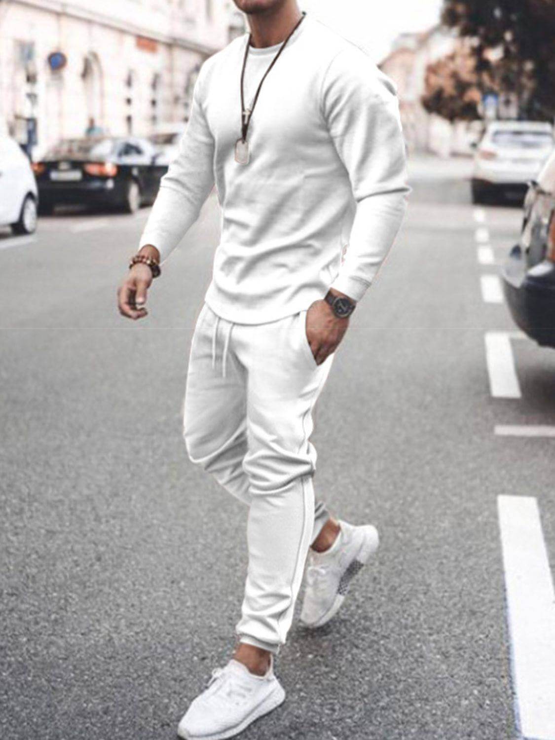 Men's Full Size Round Neck Long Sleeve Top and Pants Set Plus Size