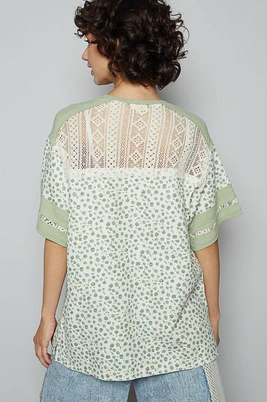 POL Number Floral Crochet Button Detail Half Sleeve Top - Clothes For Her Online Store