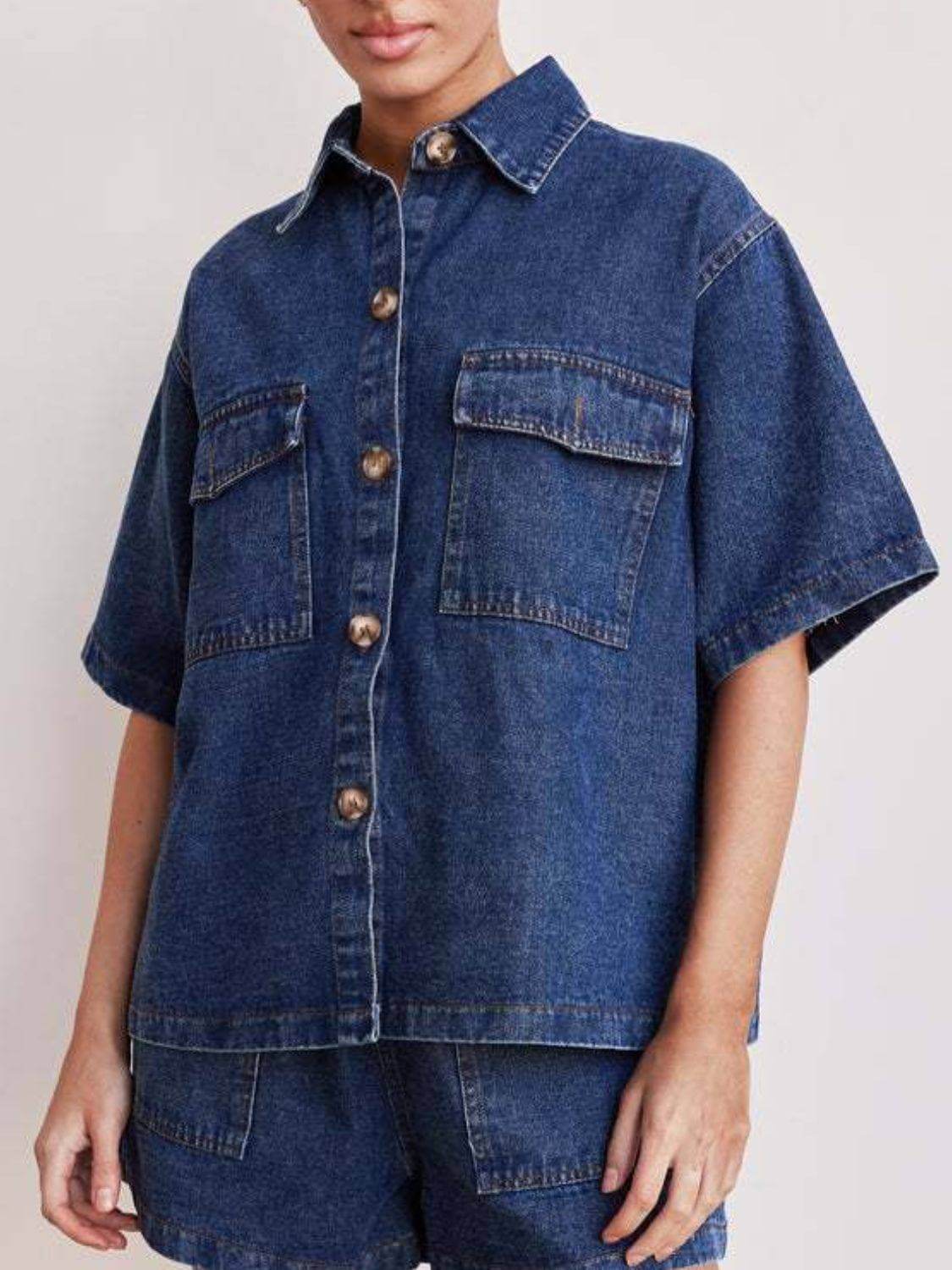 Button Up Half Sleeve Denim Shirt - Clothes For Her Online Store