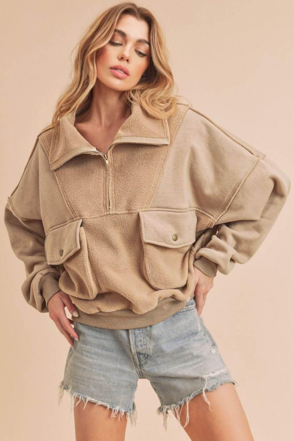Aemi + Co Exposed Seam Half Zip Sweatshirt with Pockets - Clothes For Her Online Store
