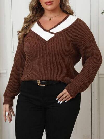 Plus Size Contrast Dropped Shoulder Long Sleeve Sweater - Clothes For Her Online Store