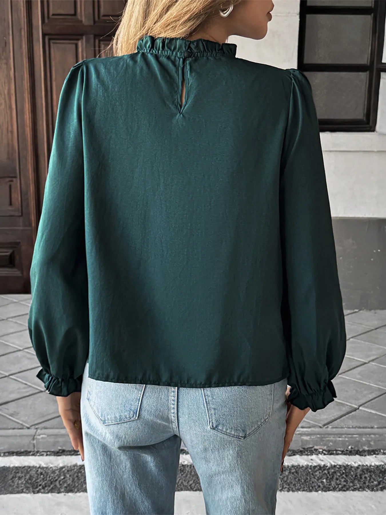 Ruched Round Neck Long Sleeve Blouse