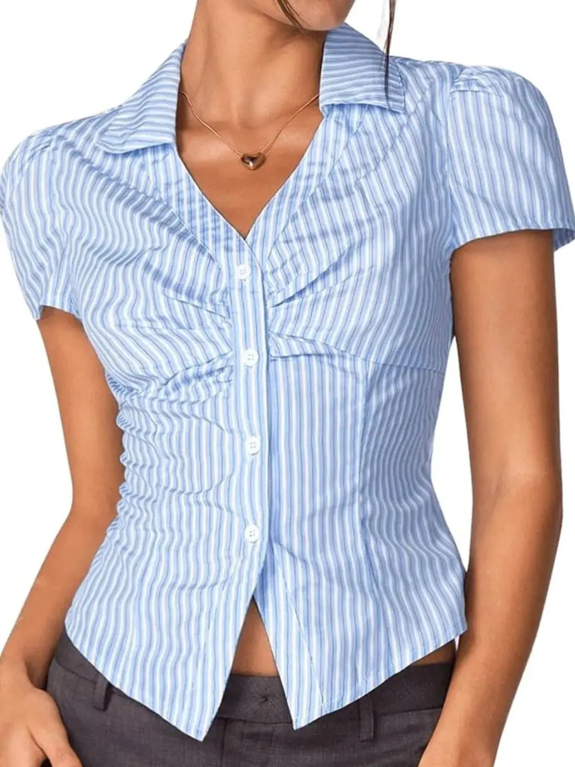 Striped Collared Neck Short Sleeve Shirt