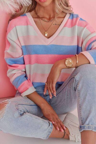 Contrast Striped V Neck Long Sleeve Top - Clothes For Her Online Store
