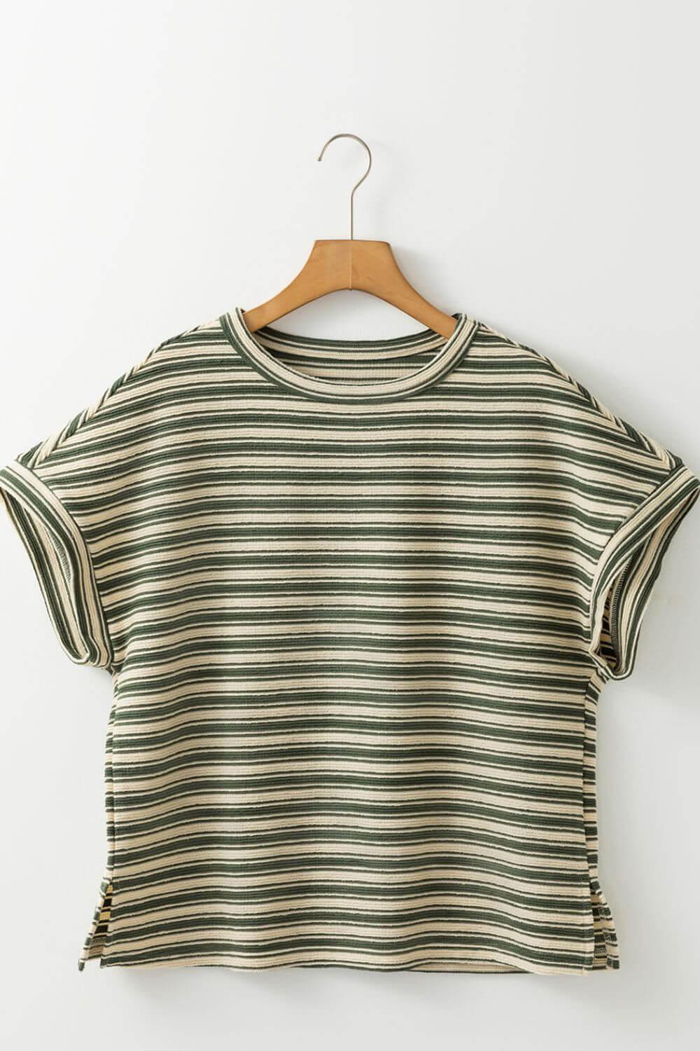 Stripe Textured Side Slit Crew Neck T-Shirt - Clothes For Her Online Store