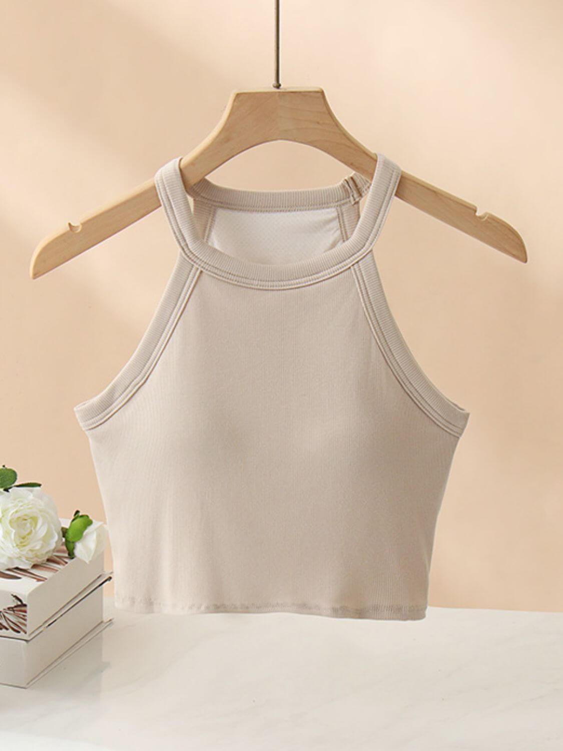 Ribbed Grecian Neck Cropped Tank with Chest Pads - Clothes For Her Online Store