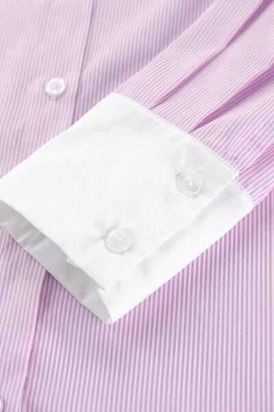 Striped Collared Neck Long Sleeve Shirt - Clothes For Her Online Store
