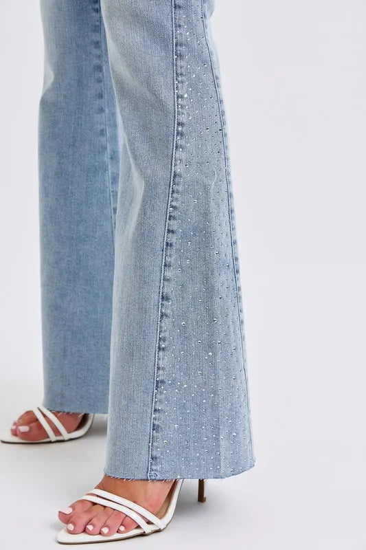 Judy Blue Full Size Midi Rise Rhinestone Side Panel Detail Flare Jeans Plus Size