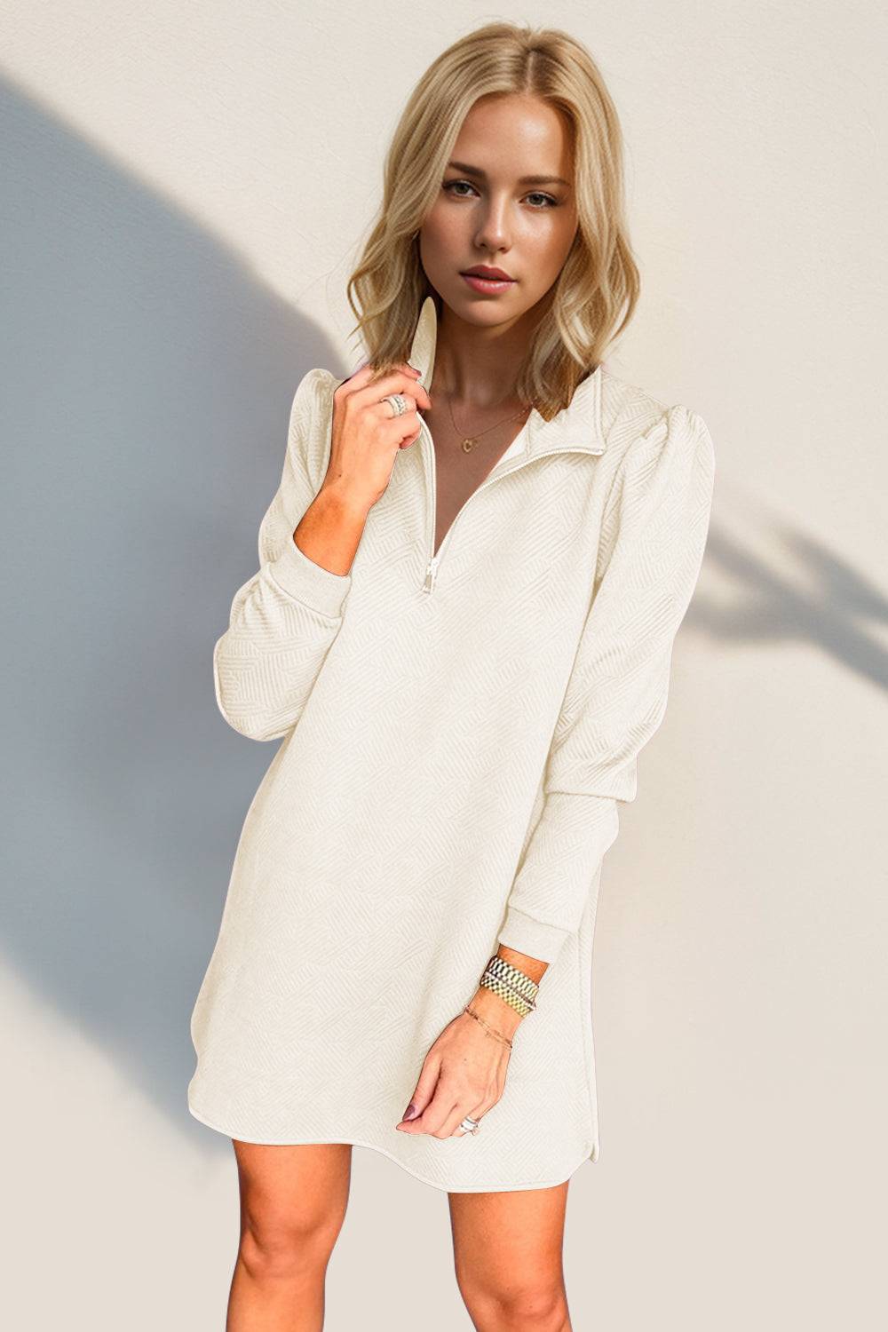 Double Take Textured Quarter Zip Long Sleeve Dress - Clothes For Her Online Store