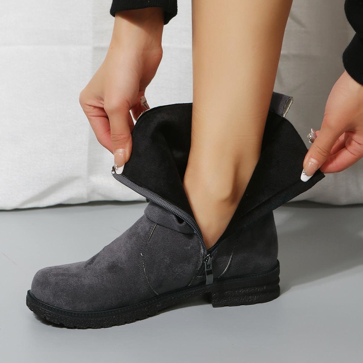 Suede Side Zip Round Toe Boots - Clothes For Her Online Store