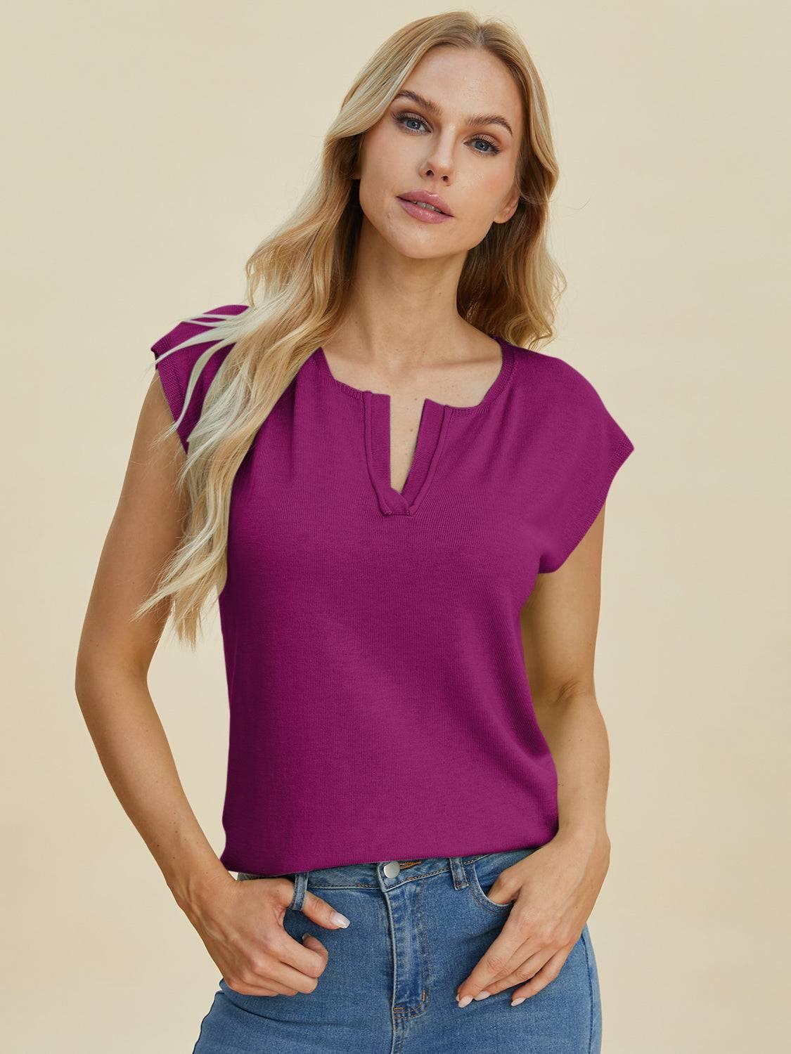 Double Take Full Size Notched Cap Sleeve Knit Top - Clothes For Her Online Store