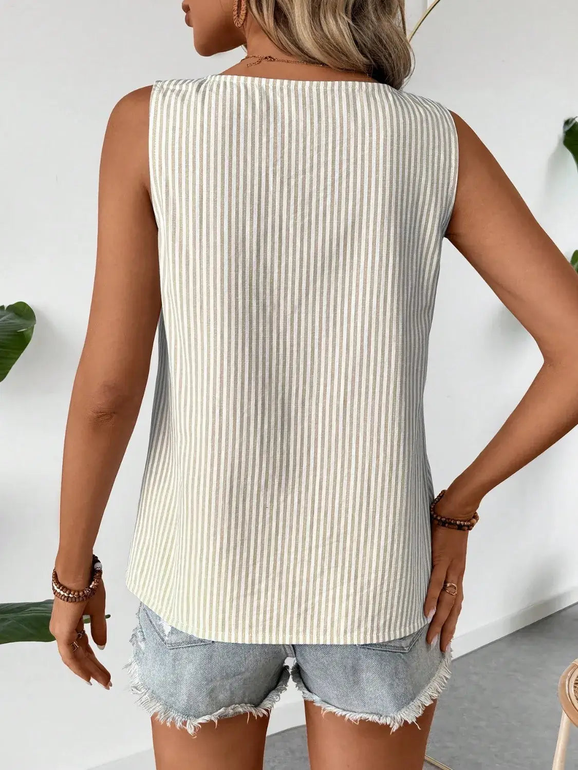 Decorative Button Asymmetrical Striped Tank