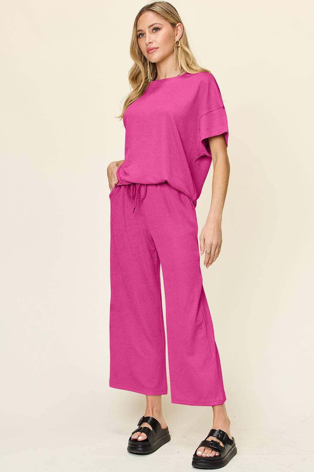 Double Take Full Size Texture Round Neck Short Sleeve T-Shirt and Wide Leg Pants - Clothes For Her Online Store