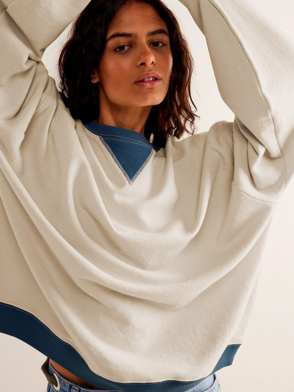 Mandy Contrast Trim Round Neck Long Sleeve Sweatshirt - Clothes For Her Online Store