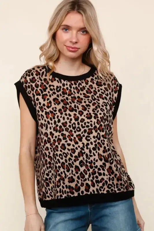 Haptics Leopard Print Dolman Cap Sleeve Knit Top - Clothes For Her Online Store